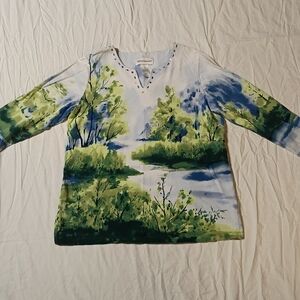 Alfred Dunner Scenic Painting 3/4 Sleeve Top Best Overall SEO style Water